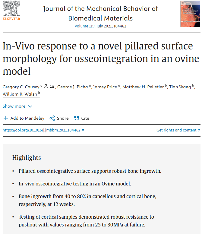 In-Vivo response to a novel pillared surface morphology for osseointegration in an ovine model