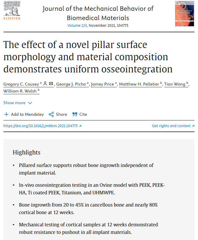 The effect of a novel pillar surface morphology and material composition demonstrates uniform osseointegration